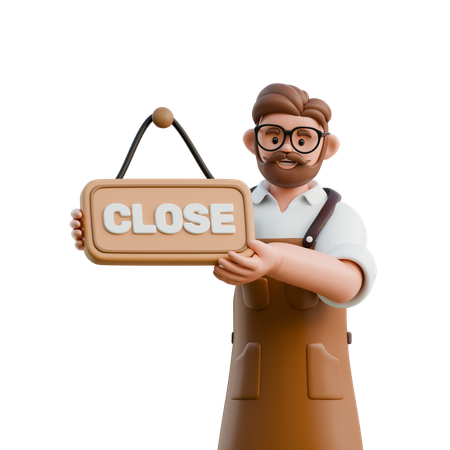 Barista Holding Closed Sign  3D Illustration