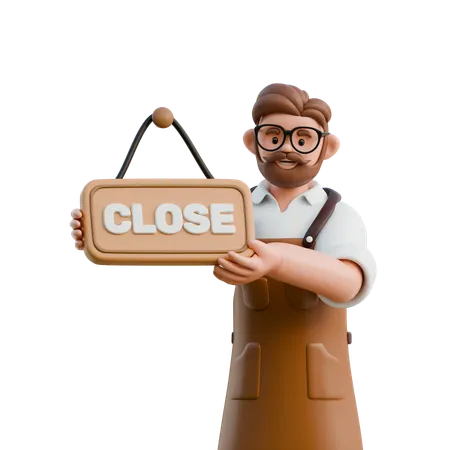 Barista Holding Closed Sign  3D Illustration