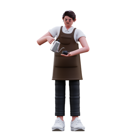 Barista Holding Coffee Cup And Ketli  3D Icon