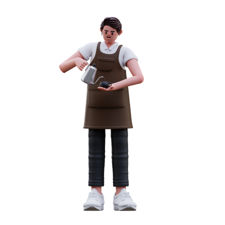 Barista hält Kaffeetasse und Wasserkocher  3D Illustration