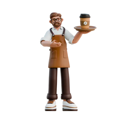 커피를 제공하기 위해 커피 트랩을 들고 있는 바리스타  3D Illustration