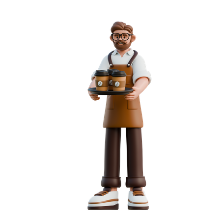 コーヒートレイを持つバリスタ  3D Illustration