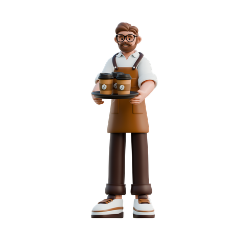 Barista Holding Coffee Tray  3D Illustration