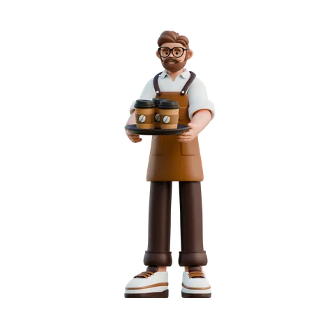 Barista Holding Coffee Tray  3D Illustration