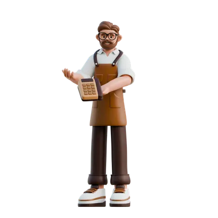 Barista Holding Credit Card Machine  3D Illustration