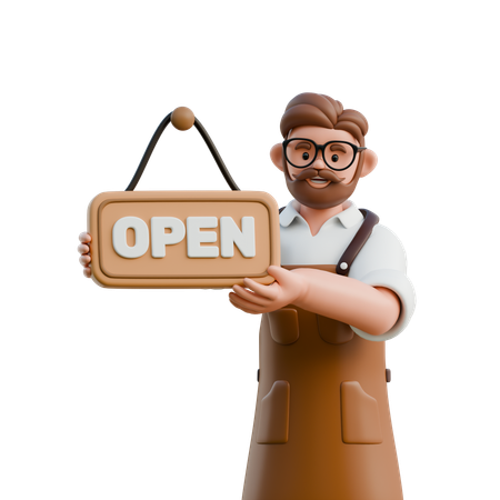 Barista Holding Open Sign  3D Illustration