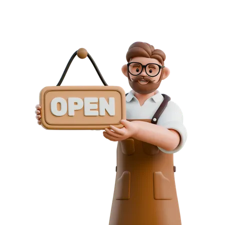 Barista Holding Open Sign  3D Illustration