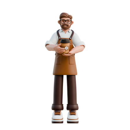 Barista In Apron Holding Coffee Cup  3D Illustration