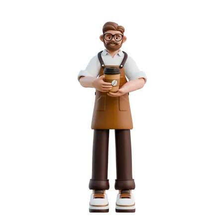 Barista In Apron Holding Coffee Cup  3D Illustration