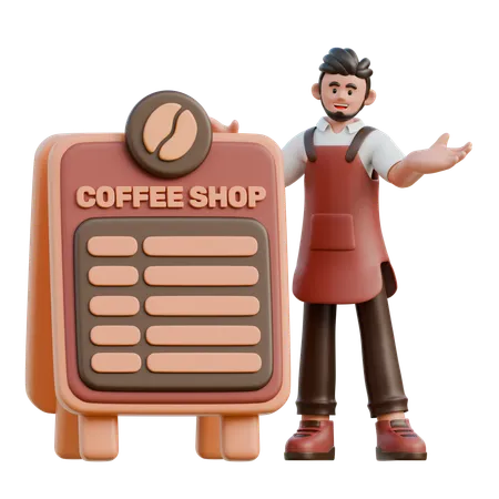 バリスタがコーヒーメニューを紹介  3D Illustration