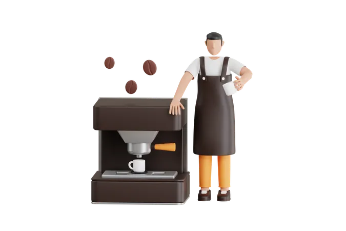 Barista Making Coffee With Coffee Machine  3D Illustration