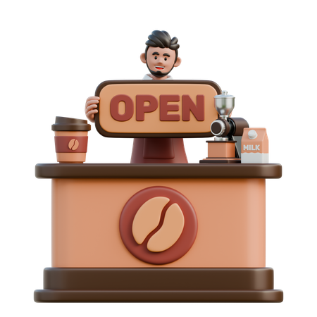 Barista opens shop  3D Illustration