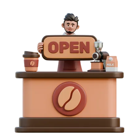 Barista opens shop  3D Illustration