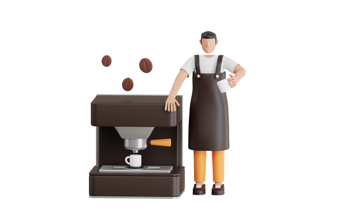 Barista haciendo café con cafetera  3D Illustration