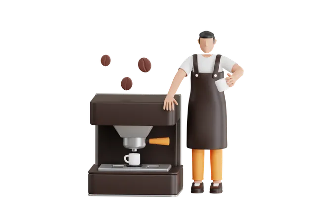 Barista haciendo café con cafetera  3D Illustration