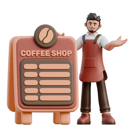 Barista presenta el menú de café  3D Illustration