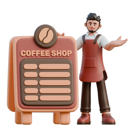 Le barista présente le menu du café  3D Illustration