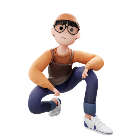 Barista seating on legs and giving pose  3D Icon