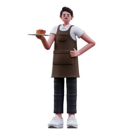 Barista segurando prato de bolo  3D Icon