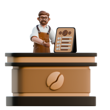 커피숍에서 커피 메뉴를 보여주는 바리스타  3D Illustration