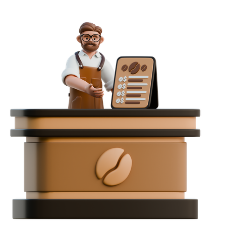 Barista Showing Coffee Menu At Coffee Shop  3D Illustration