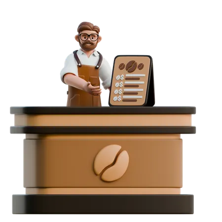Barista Showing Coffee Menu At Coffee Shop  3D Illustration