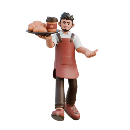 El barista trae comida y bebidas.  3D Illustration