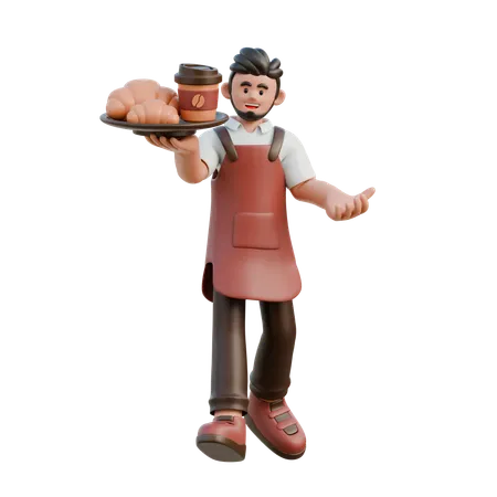 El barista trae comida y bebidas.  3D Illustration