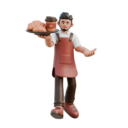 Barista traz comida e bebida  3D Illustration