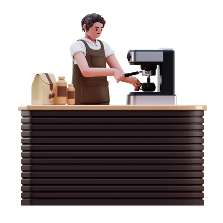 Barista usando máquina de café  3D Illustration