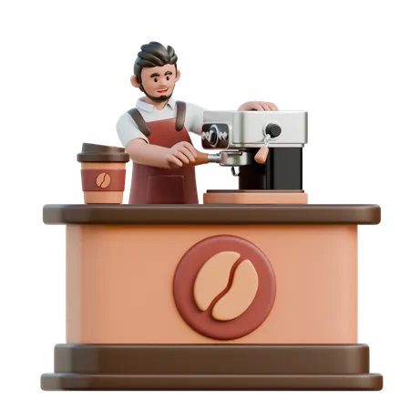 Barista usando máquina de café expresso  3D Illustration