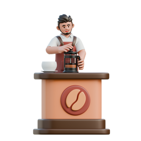 Barista usando prensa francesa  3D Illustration