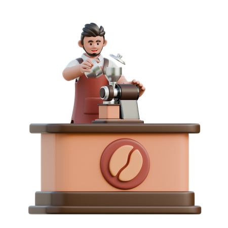 Barista usando um moedor elétrico  3D Illustration