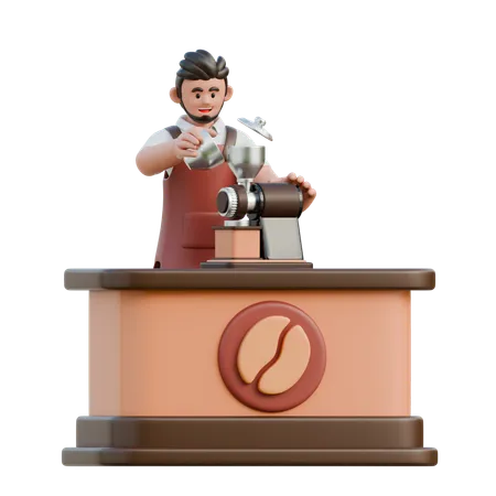 Barista usando um moedor elétrico  3D Illustration