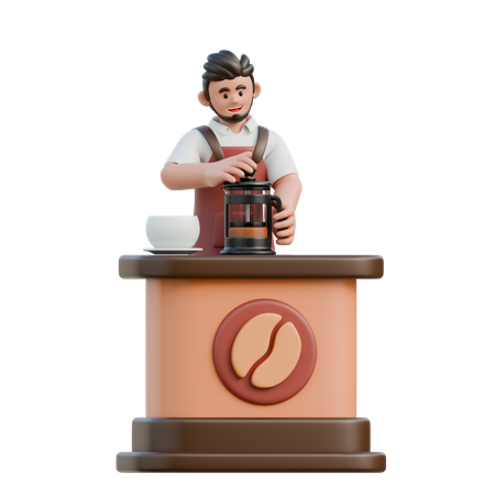 Barista utilisant une presse française  3D Illustration