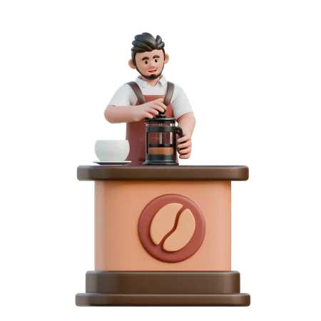 Barista utilisant une presse française  3D Illustration