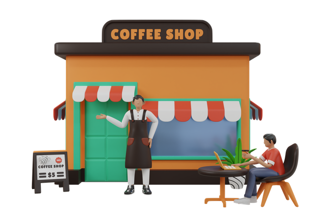 Barista welcoming customer to coffee shop  3D Illustration