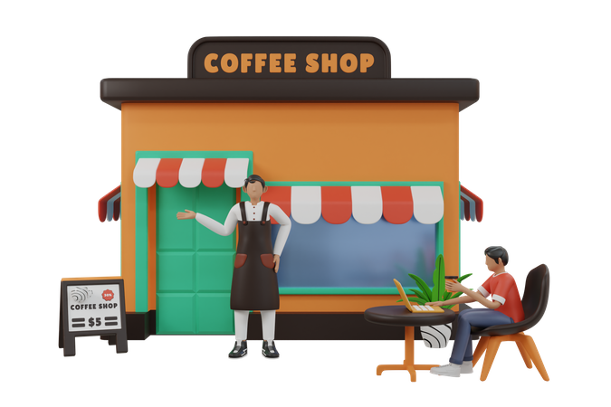 Barista welcoming customer to coffee shop  3D Illustration