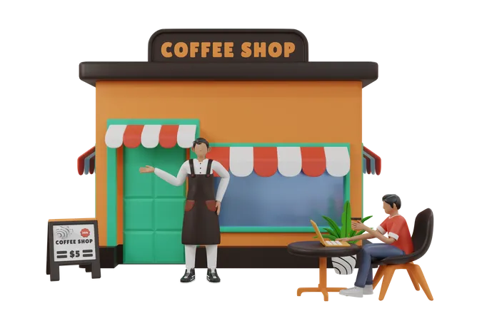Barista welcoming customer to coffee shop  3D Illustration