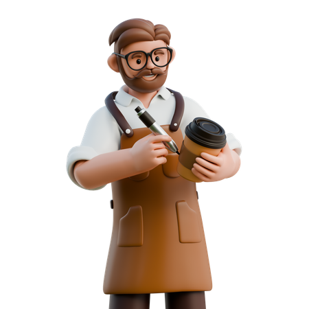 Barista Writing Name On Coffee Cup  3D Illustration