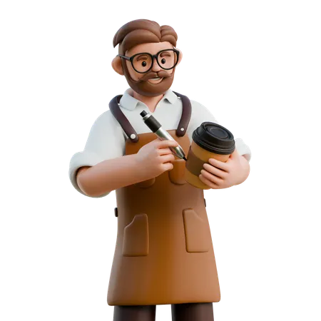 Barista Writing Name On Coffee Cup  3D Illustration