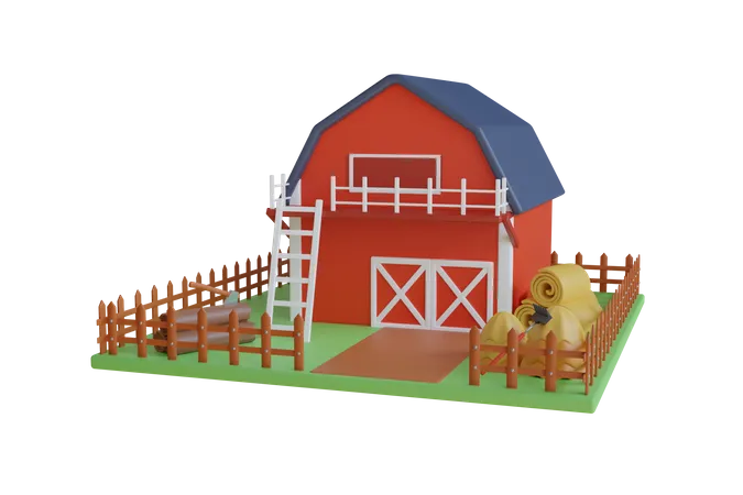 Countryside Barn Warehouse Storage Farm Building Red Wooden Barn With Triangular Gray Roof Windows And Open Doors 3 D Illustration 3D Illustration