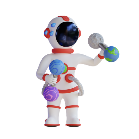 Astronauta levantando barra da lua e da terra  3D Illustration