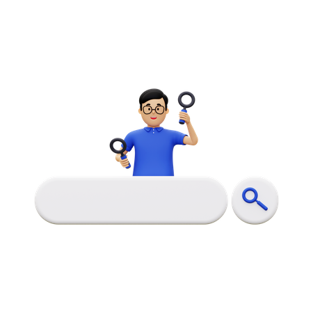 Barra de búsqueda con un hombre que lleva una lupa  3D Icon