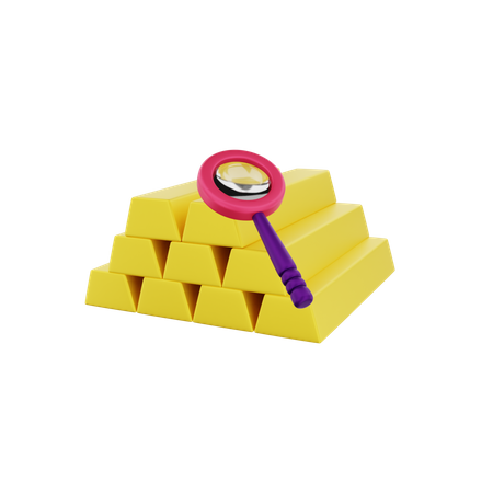Barra de oro con lupa  3D Illustration