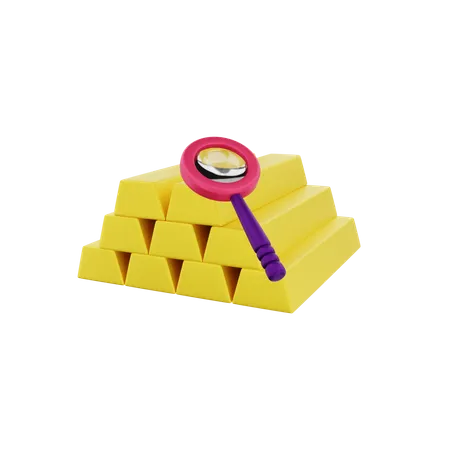 Barra de oro con lupa  3D Illustration