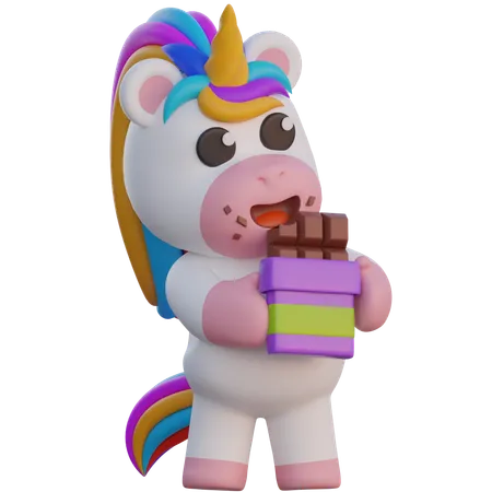 Licorne mangeant une barre chocolatée  3D Illustration