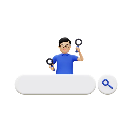 Barre de recherche avec un homme portant une loupe  3D Illustration