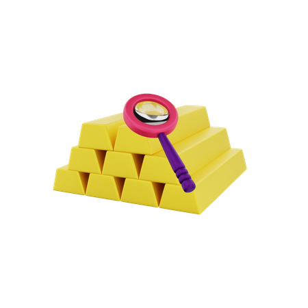 Lingot d'or avec loupe  3D Illustration