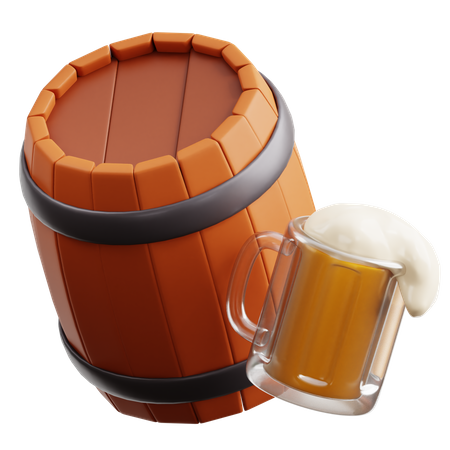 Barril de madeira com copo de cerveja  3D Icon